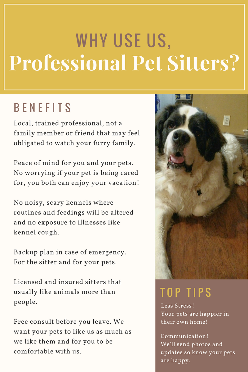 Why use professional Memphis pet sitters? Less stress! Your pets are happier in their own home. Communication! We'll send photos and updates, so you know your pets are happy. Local, trained professional, not a family member or friend that may feel obligated to watch your furry family. Peace of mind for you and your pets. No worrying if your pet is being cared for, you both can enjoy your vacation! No noisy, scary kennels where routines and feedings will be altered and no exposure to illnesses like kennel cough. Backup plan in case of emergency. For the sitter and for your pets. Licensed and insured sitters that usually like animals more than people. Free consult before you leave. We want your pets to like us as much as we like them and for you to be comfortable with us. 